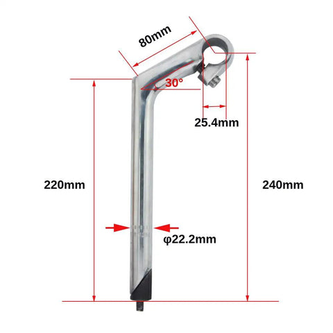 Gooseneck Bike Stem 25.4mm Handlebar Clamp 22.2mm Fork Tube 80mm Extension 220mm Length 30 Degree Rise Silver