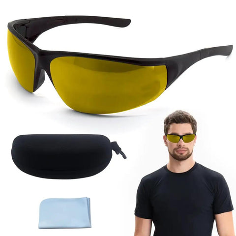Premium Red Light Therapy Glasses With Wraparound Side Shields For Superior Eye Protection During Tanning And Laser Hair Removal Sessions That Straight Up Hits Different, shown with case and cleaning cloth.