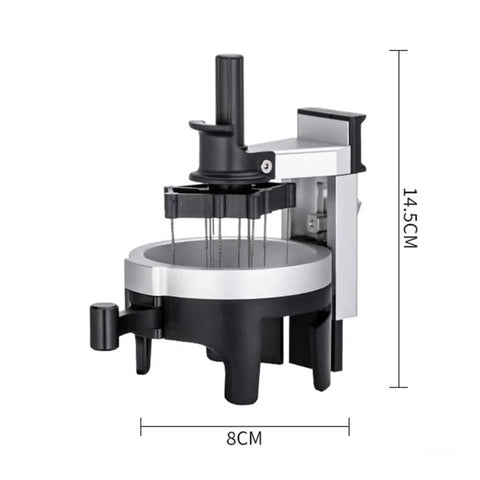 Premium Espresso Coffee Distributor And Tamper Leveler with adjustable rotary depth, twelve prongs, solid aluminum build, 8cm wide.