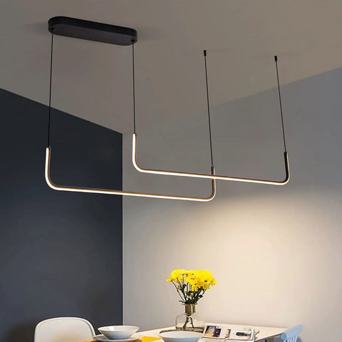 Modern Linear Dimmable LED Pendant Light, Two-Light Fixture for kitchen island, black finish, dimming, dining room, ceiling view.