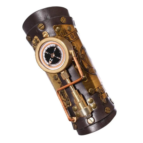 Dope Steampunk Arm Sleeve Crafted From Sturdy PU Leather With Antique Brass Gears And Built In Compass Gothic Wrist Guard for cosplay.