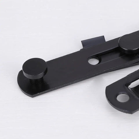 Close-up view of 2pcs Stainless Steel Right Angle Hasp Latch for Gates Windows Black showing round fasteners and latch mechanism.