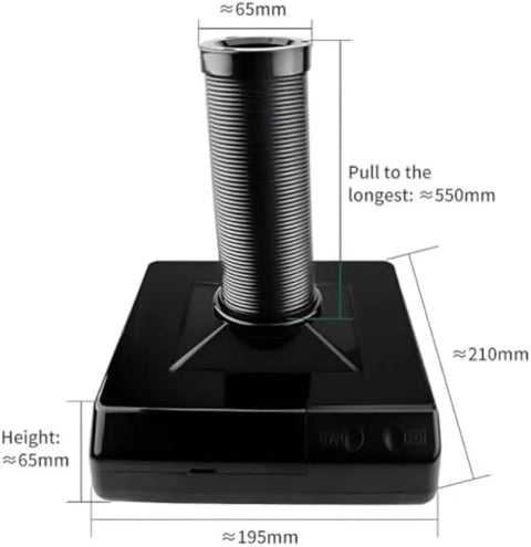 Straight Up Slick Mini Solder Fume Extractor With Adjustable Telescopic Arm And Integrated Led Light dimensions and design view.