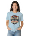 Classic Retro Mechanical Engineer Tee With Vintage Barn Garage Gear Badge Design For Hands-On Builders And Tool Loving Tinkerers In 100 Cotton, model wearing light blue t-shirt.