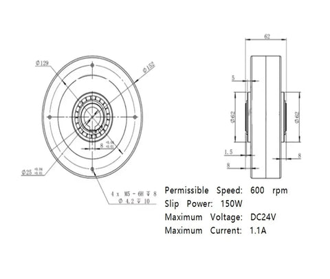 Technical drawing of Thin Type Hollow Magnetic Powder Brake 24V, 2.5kg, precise torque adjustment, machinery automation, dimension details.