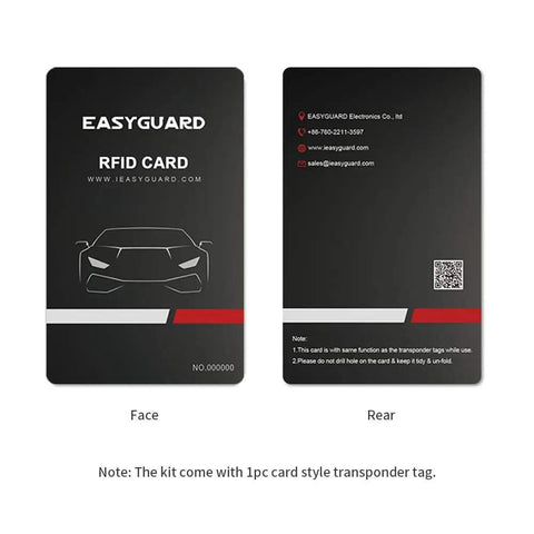 Front and back view of card in RFID Push Start Button Kit With Keyless Go Upgrade For 12V Cars No Key Start Transponder.