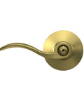 Accent Door Lever Privacy Lock for Bedroom and Bathroom in Satin Brass Finish, side view of lever and round base.