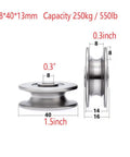 Stainless Steel Deep U Groove Pulley Wheel For Lifting And Rigging, 40mm Outer Diameter, 8mm Inner Diameter, 10mm Groove Width, 7.5mm Groove Depth, 250kg Load Capacity, Beefy Heavy Duty Wire Rope Pulley, side and front view