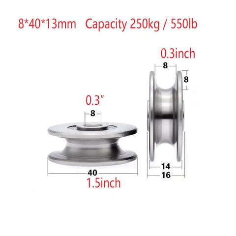 Stainless Steel Deep U Groove Pulley Wheel For Lifting And Rigging, 40mm Outer Diameter, 8mm Inner Diameter, 10mm Groove Width, 7.5mm Groove Depth, 250kg Load Capacity, Beefy Heavy Duty Wire Rope Pulley, side and front view