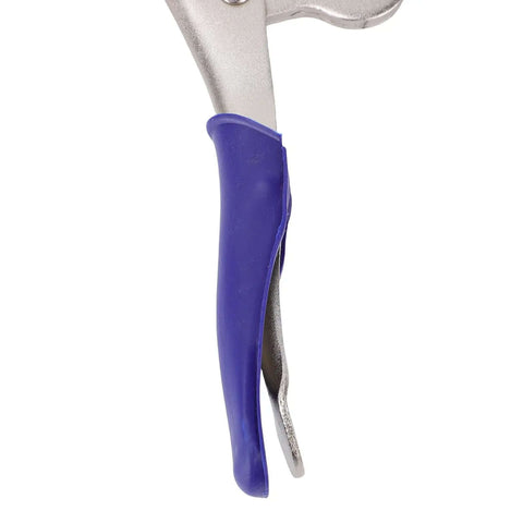 Close-up of 10 Inch Locking Sheet Metal Clamp Duckbill Pliers with Adjustable Screw, featuring blue rubber grip handle.