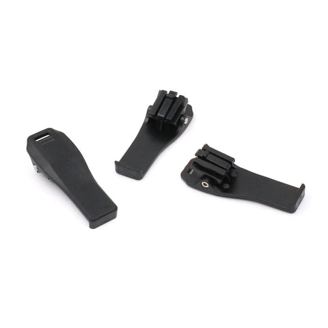 Three black MB-127 Belt Clip Replacement for ICOM Handheld Radios and BP Battery Packs shown to fit various radios.