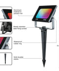 Diagram of 10W RGBIC Lit Color Changing Landscape Light with App and Remote Control showing 8-inch spotlight, aluminum build, and durability features