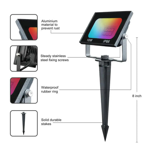 Diagram of 10W RGBIC Lit Color Changing Landscape Light with App and Remote Control showing 8-inch spotlight, aluminum build, and durability features