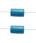 Two Pack 2200uf 63v 22X36Mm Through Hole Axial Electrolytic Capacitors in blue with leads for electronics repair.
