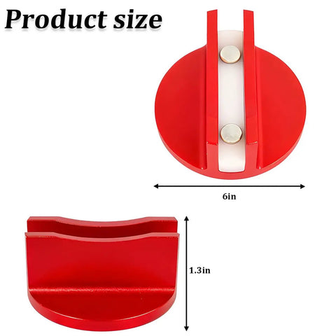 Red Magnetic Car Jack Pad Aluminum Slotted Magnet Pinch Weld Frame Rail Adapter, 6in diameter, 1.3in depth, universal fit.