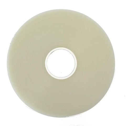 Premium OPP Strapping Tape 100 Roll Pack, heavy duty roll seen from above, designed for quick warehouse bundling.