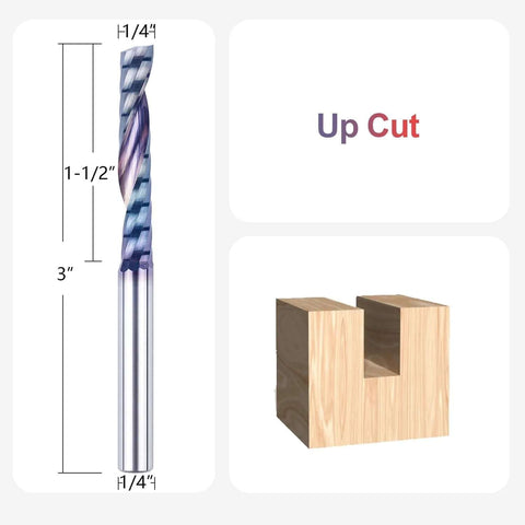SpeTool single flute end mill with 1/4 in shank, 3 in overall length, upcut solid carbide CNC router bit.