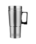 Built Different Twin Voltage Car Kettle That Keeps Your Morning Brew Hot Without The Hassle Featuring Slick Stainless Steel Body, tall stainless steel travel mug design with a black handle.