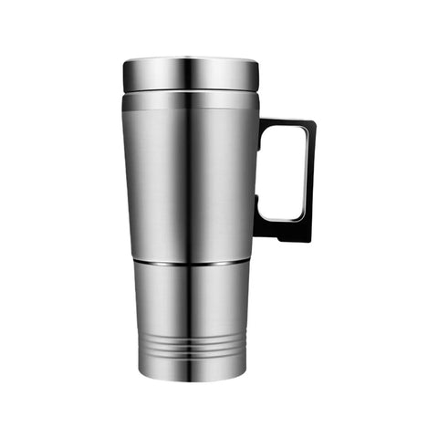 Built Different Twin Voltage Car Kettle That Keeps Your Morning Brew Hot Without The Hassle Featuring Slick Stainless Steel Body, tall stainless steel travel mug design with a black handle.