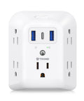 Front view of 5 Outlet USB Wall Plug Extender With USB C Port And 1440J Surge Protector On Off Switch 3 Sided Wall Plug Adapter