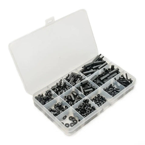 320 Pieces Nylon M3 Hex Spacer Standoff Screw Nut Kit With Washers Male And Female Threaded Pillars For PCB Motherboard Assembly And Electronics Repair Projects Case Storage Box Included, open case with black nylon spacers
