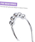 Double Hooks Glide Shower Curtain Rings No Fuss Rust Resistant Stainless Steel Purple Decorative Design, close-up of five bead rings.