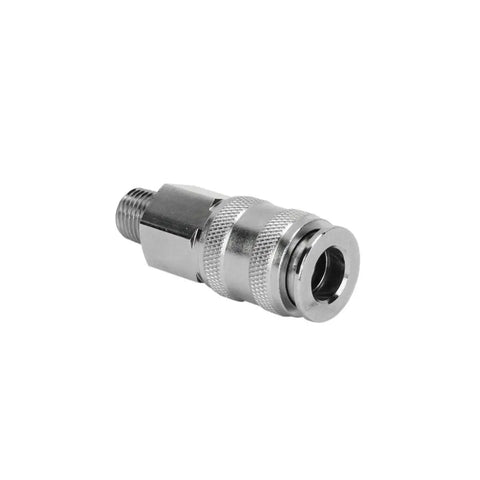 Five In One Universal Quick Connect Coupler One Quarter Inch MNPT Plugs Into All Major Interchanges M Style V Style Automotive T Style And Lincoln L Style Box Of Ten, silver metal finish, side view.