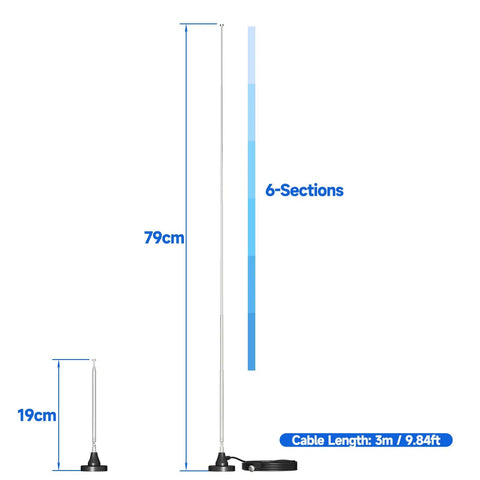 Strong Magnetic Base FM Radio Antenna Telescopic for Indoor Home Theater Receivers with dimensions and cable length shown