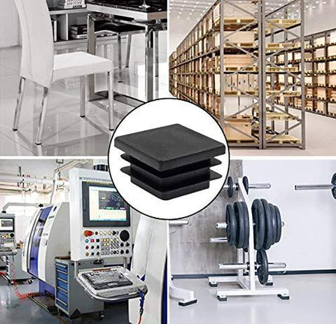 12 Pack 19mm Square Plastic Plugs End Caps For Square Tubing Black 19mm X 19mm Fit For Tubing With Inside Diameter 0.50 To 0.69 Inches Three Quarter Inch Durable Replacement Seals For DIY Furniture Projects, shown in various applications including furniture and machinery.