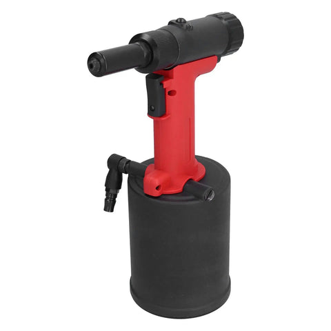 Heavy Duty Pneumatic Rivet Gun With 18500N Pulling Force For Aluminum Iron And Steel Fasteners Perfect For Automotive Repairs Home Appliances And Tough Jobs In Any Garage Or Shop, black and red with air hose fitting