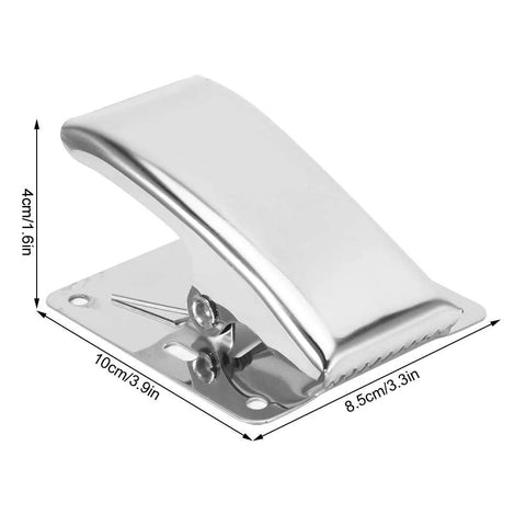 Stainless steel fish fillet clamp, angled view, with built-in spring on mounting base; single clamp.