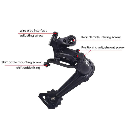 Rear Derailleur For 9 Speed Mountain Bikes, Direct Mount Or Hanger Mount, Shimano And SRAM Compatible with labeled adjustment screws.