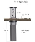 Slick Auto Rising Desk Power Strip With Fast Wireless Charger Tempered Glass Top, showing dimensions and installation detail.