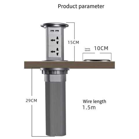 Slick Auto Rising Desk Power Strip With Fast Wireless Charger Tempered Glass Top, showing dimensions and installation detail.