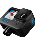 HERO10 Black Must Have Accessory Bundle With Shorty Mini Extension Pole And Grip Magnetic Swivel Clip Two Rechargeable Batteries And Durable Camera Case For Action Cameras showcasing action camera front view with display.