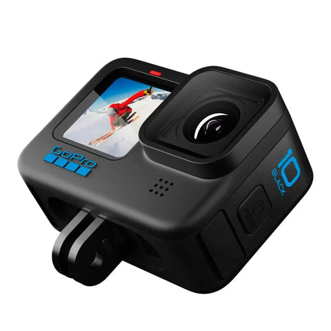 HERO10 Black Must Have Accessory Bundle With Shorty Mini Extension Pole And Grip Magnetic Swivel Clip Two Rechargeable Batteries And Durable Camera Case For Action Cameras showcasing action camera front view with display.