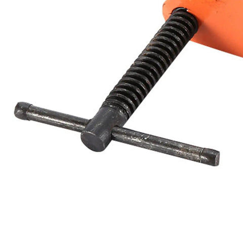 Close-up of a 1 Inch Pipe Clamp Vise For Woodworking Beef Up Your Glue Ups And Drilling Sessions With A Solid Cast Steel Hold.