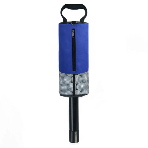 Golf Ball Retriever With Portable Shag Bag For Quick Picks, Easy Up Ball Picker With Removable Plastic Tube in blue, front view.
