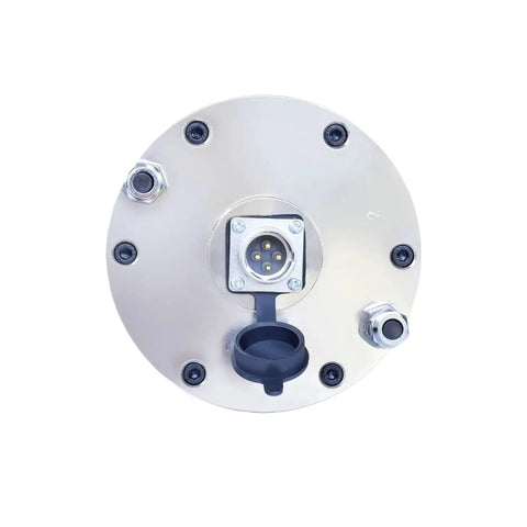 Kickass 5.5KW Water Cooled Spindle Motor With 125MM Diameter And Ironclad ER25 Collet Chuck rear view with connector ports.
