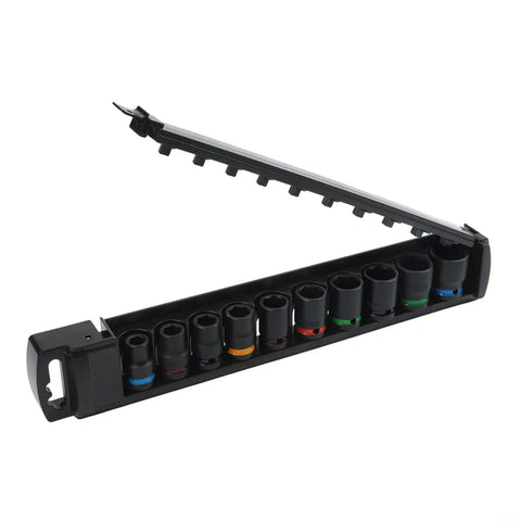 Must Have 10 Pc Chrome Vanadium Impact Socket Set for Heavy Duty Jobs with Swivel Heads Plus 96 Inch Extension Bar And Full Size Drive Ranging From 10mm To 24mm For Every Garage Task, black 10-piece socket rail with color rings