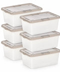 Crushing Clutter Game Changer Heavy Duty Plastic Storage Totes With Secure Snap On Lids 6 Pack stacked in dark gray for organizing.