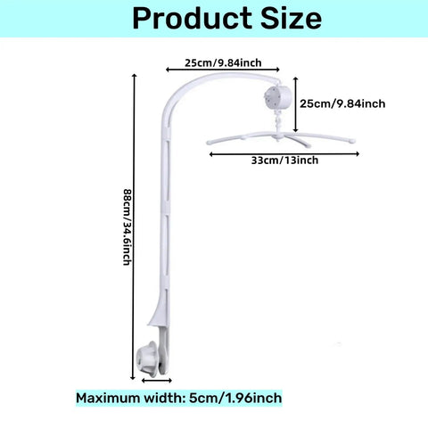 Top Notch 34 Inch Baby Crib Mobile Bed Bell Stand dimensions shown, compact white frame with manual wind up music box for nursery.