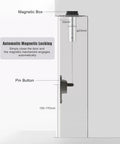 Diagram of Hidden Bookcase Hinges With Lock And Magnetic Latch, Pivot Door Hinge For Secret Doors, showing magnetic box and pin button.