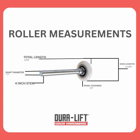 Whisper Quiet Nylon Garage Door Roller Kit With Precision 13 Ball Bearing On 4 Inch Stem And 2 Inch Wheel, 10 Pack No Brainer Replacements For Easy Swap, Lubrication Groove For Smooth, Low Noise Operation, Rated For 55,000 Door Cycles On 110 Lb Doors. Image showing roller measurements with a 4-inch stem and detailed dimensions.