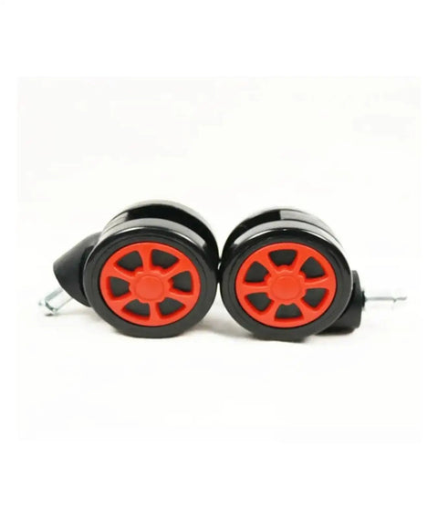 Close-up of 60mm Furniture And Office Chair Casters Set, car wheel style with black and red colors, light blue stem not visible.