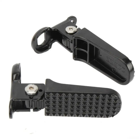 Stylish Foldable E-Bike Rear Footrests In Heavy Duty Aluminum Alloy Black For Passenger Comfort And Stability On Any Commute Or Road Trip Adventure, foldable black rear foot pegs with anti-slip texture