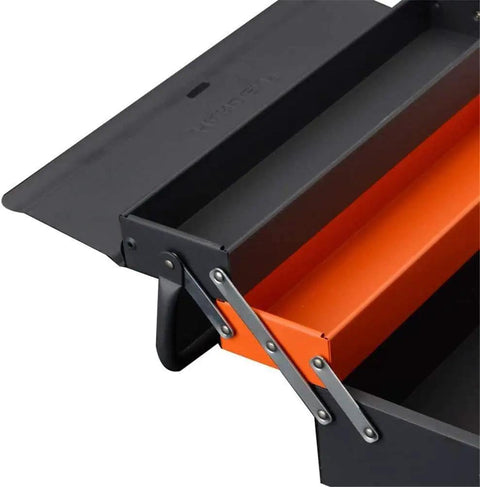 Portable Metal Tool Box With 3 Level Fold Out Cantilever Organizer showing open top with orange steel compartments