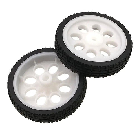 Close-up of Two wheels from Four Pack Rubber Wheel Set For TT Motors With Encoders Dope High Speed Car Wheels Replacement Parts For Gearbox Motors 200 RPM Ratio 1 To 48 Shaft 15 By 65 mm For DIY Arduino Projects, showing white hubs and black rubber treads.