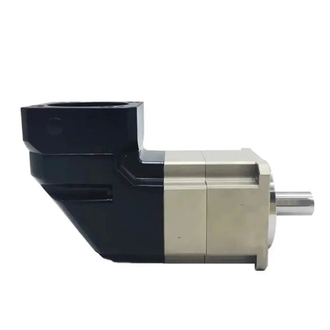 Heavy Duty 90 Degree Right Angled Planetary Gearbox Built With Slick Helical Gears That Drop Straight Into Nema 17 And Nema 23 Stepper Motors For Serious PLMG120 22mm Input Projects side view of gearbox with black and silver metal housing.