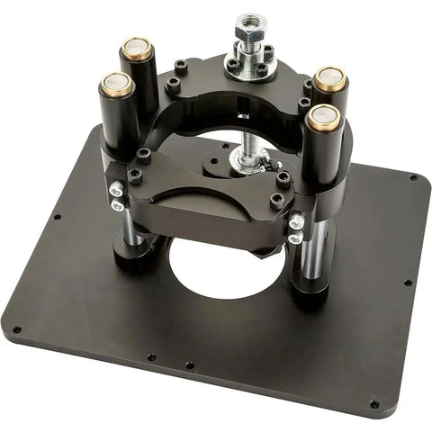 Solid Black Router Table With Precision Height Lift Slick Woodworking Station features a sturdy adjustable lift and reinforced base.